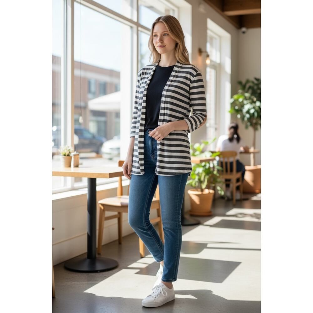 Myobe Cardigan Elbow Patches Gray White Striped S Casual Chic Academia Boho